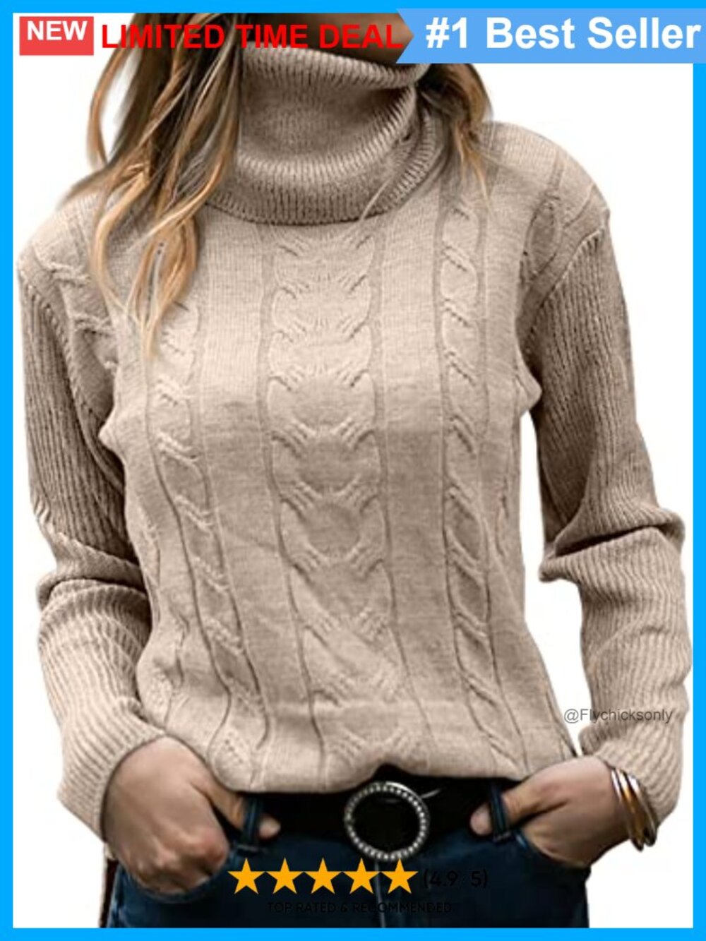 Turtleneck Long Sleeve Cable Knit Sweater Pullover